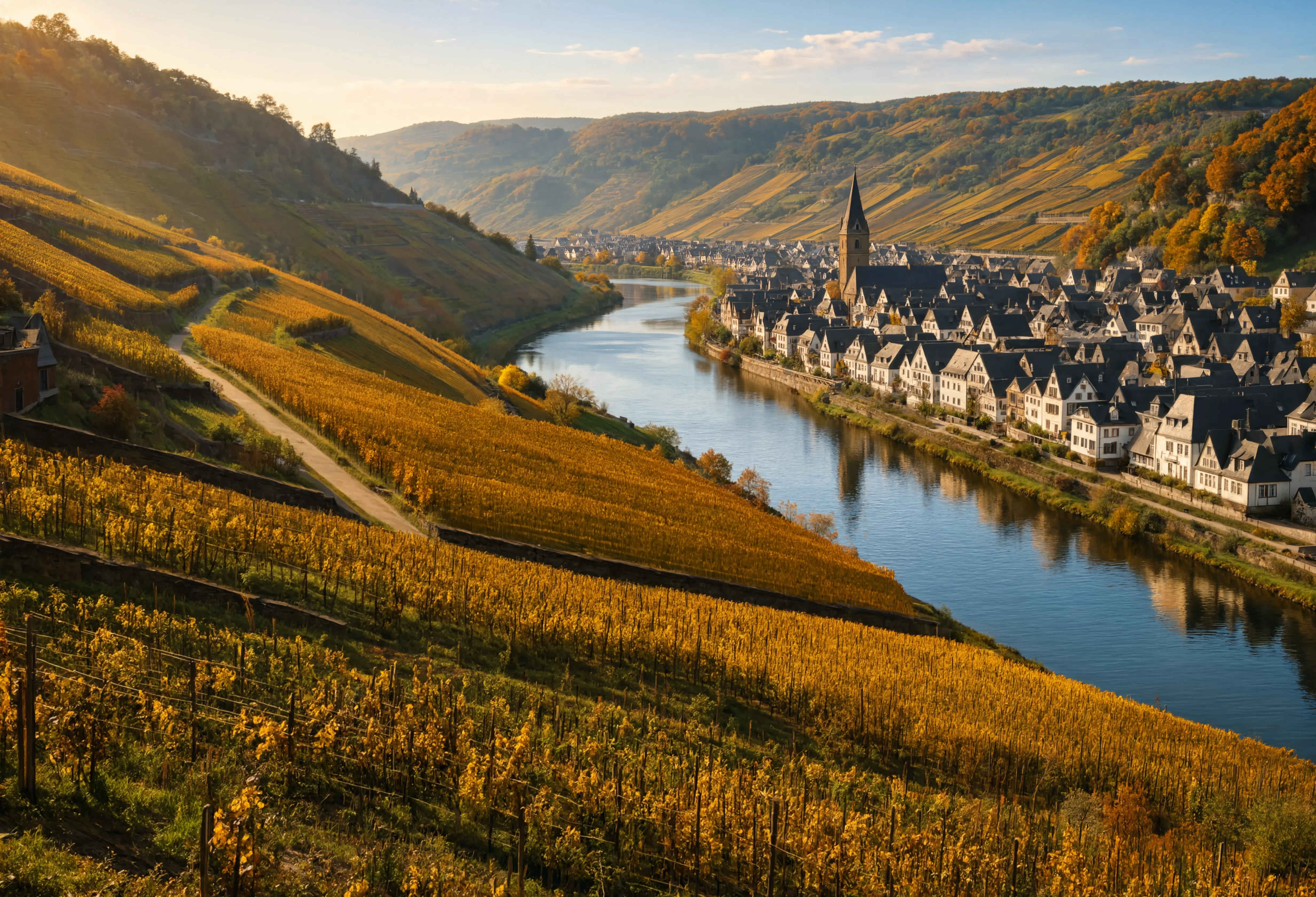 Moseltal mit Weinbergen im Herbst — goldene Reben an steilen Hängen