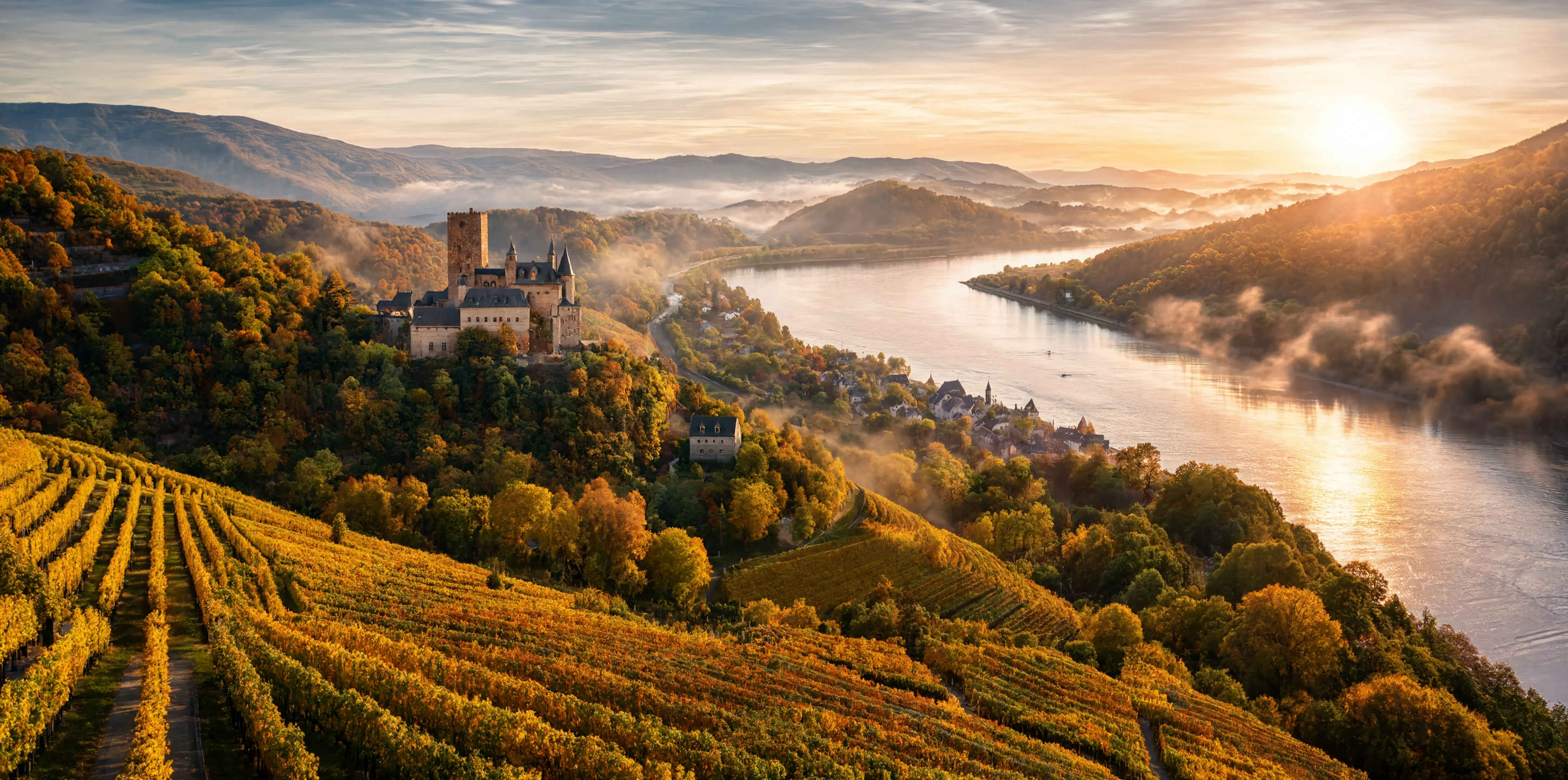 Das malerische Rheintal — UNESCO-Welterbe mit Weinbergen, Burgen und dem Fluss im Morgennebel
