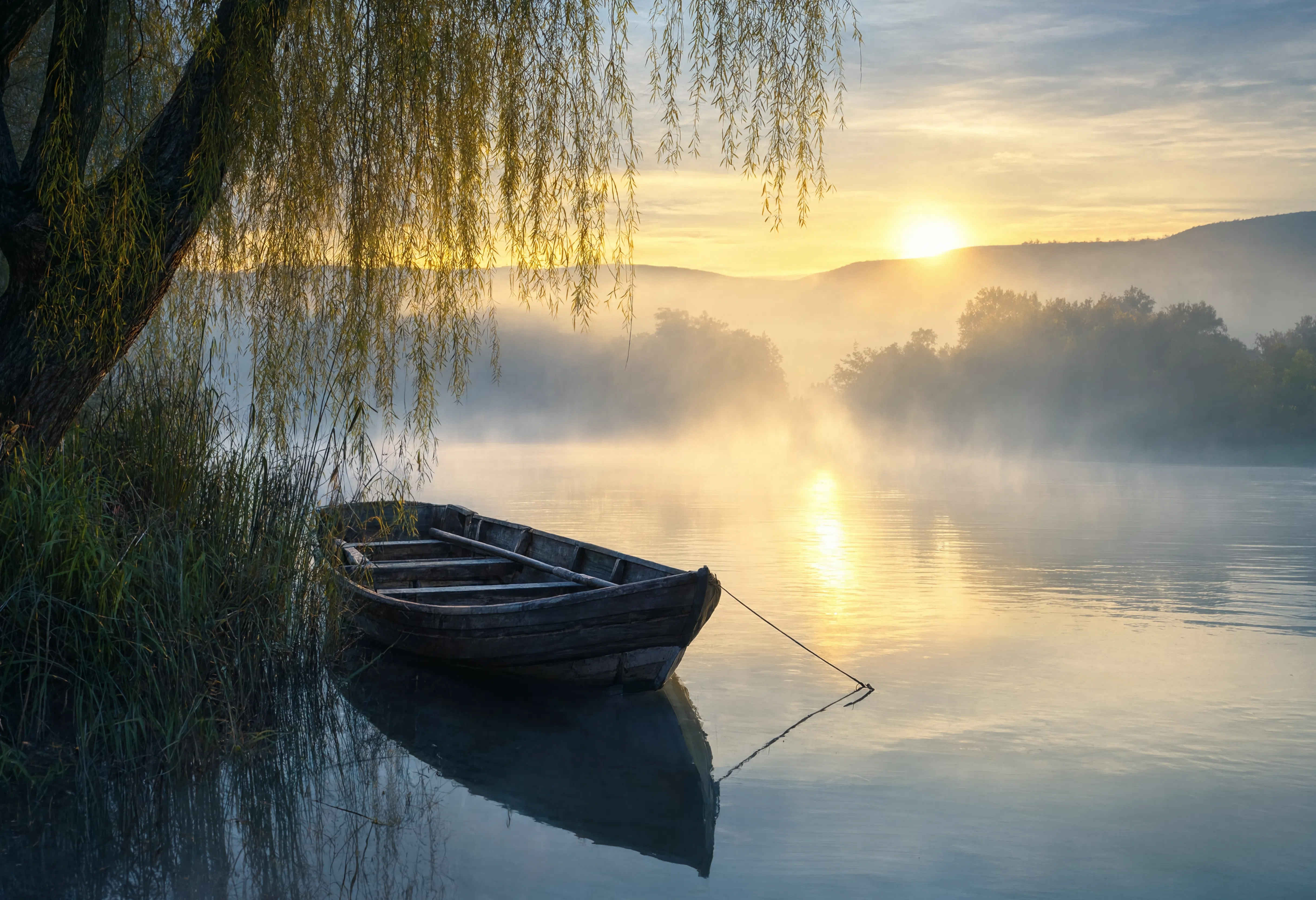 Morgennebelstimmung über einem deutschen Fluss — romantische Landschaft im Frühlicht